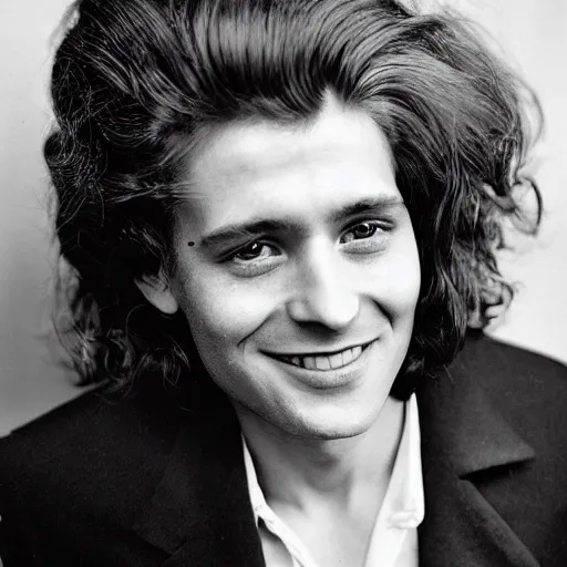 Prompt: portrait of a typical person with waist-length incredible hair by Richard Avedon, gelatin silver finish, smoky hyper-detailed eyes, smiling male, aquiline nose, nd4, 85mm, perfect location lighting