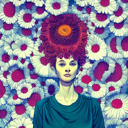 Prompt: closeup, huge daisy flower head, woman in modern apartment, surreal photography, dramatic light, by victo ngai by james jean, by rossdraws, frank franzzeta, mcbess