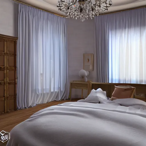 Image similar to surreal bedroom, ray traced, global illumination, high details, 8k