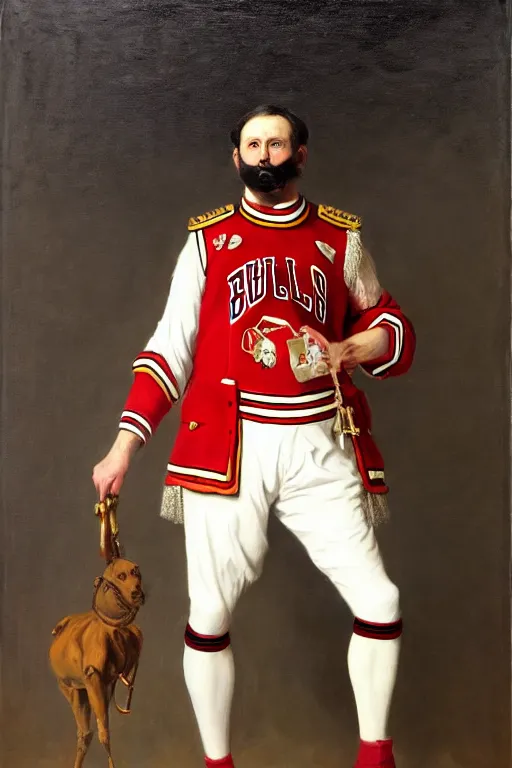 Prompt: full body portrait of the dictator of the chicago bulls, 1 8 8 9, in full military garb, oil on canvas by william sidney mount, trending on artstation