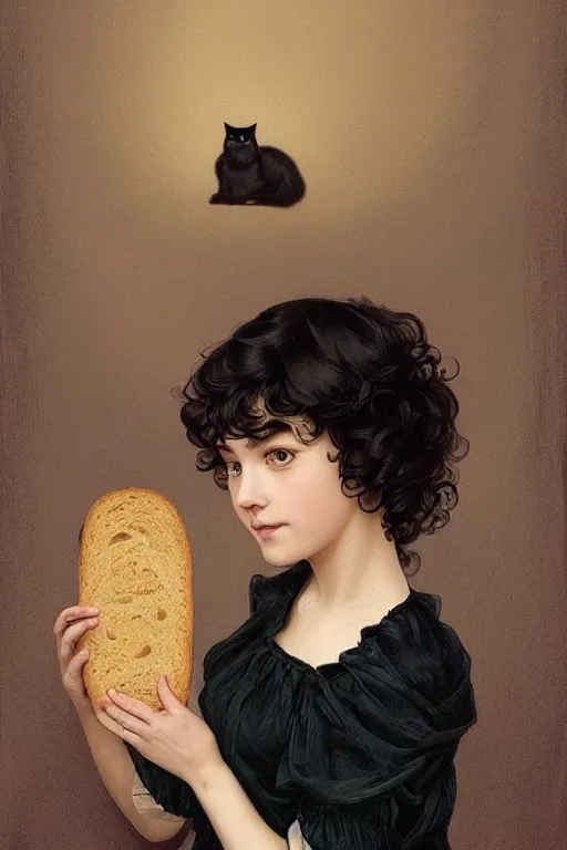 Image similar to beautiful cottagecore of a girl with short black curly hair, round face, cute face, holding a loaf of bread. There's also a black cat on her shoulder. intricate, elegant. highly detailed, digital painting, artstation, concept art, smooth, sharp, focus, illustration. . art by artgerm and greg rutkowski and alphonse mucha