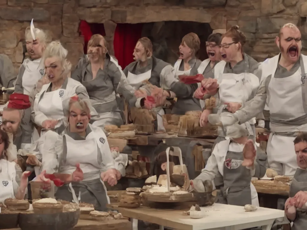 Prompt: Angry fierce Klingons!!! in a baking competition, still from The Great British Baking Show