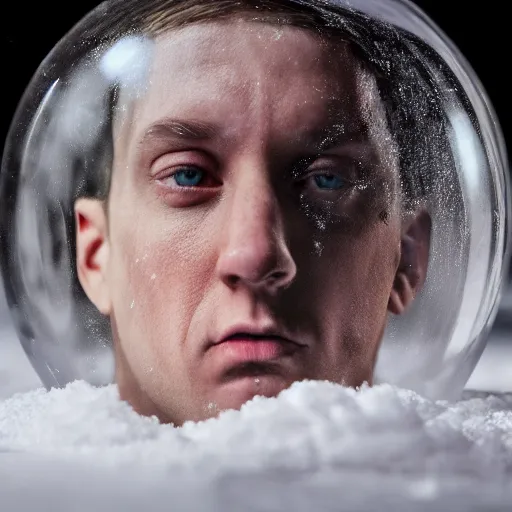 Image similar to eminem trapped inside of a snow globe, trending on artstation, 5 0 mm camera