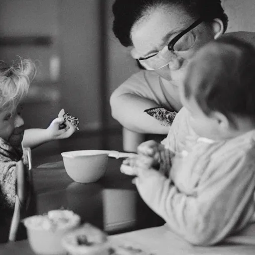 Prompt: “ old lady feeding crayons to child ”