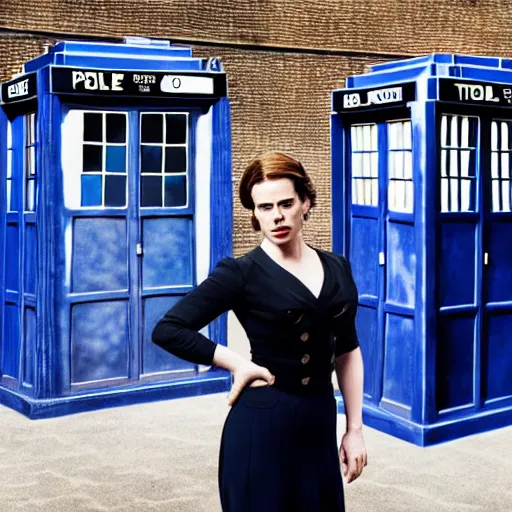 Image similar to a beautiful full body photograph of hayley atwell dressed as ( ( doctor who ) ) standing in front of the tardis, symmetrical face, extreme realism and detail, 8 k, completely framed, direct lighting, 3 5 mm photo, photorealistic, sharp focus