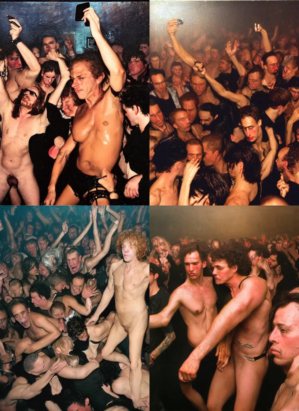 Prompt: The photo that Nan Goldin took as a selfie while in the moshpit of a club designed by Tom of Finland, hyperrealism oil on canvas by Dan Witz