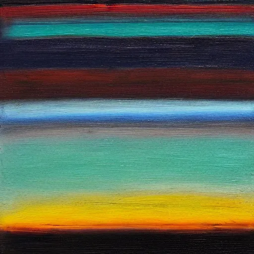 Prompt: In this mixed mediart, the artist has used a simple palette of colors to create a feeling of calm and serenity. The soft hues of blue and green are reminiscent of a cloudy sky, while the orange and yellow suggest the warm glow of the sun. The vertical stripes of color are divided by thin lines of black, which give the impression of deep space. The overall effect is one of peacefulness and balance. pale by Henry Justice Ford, by Mordecai Ardon natural