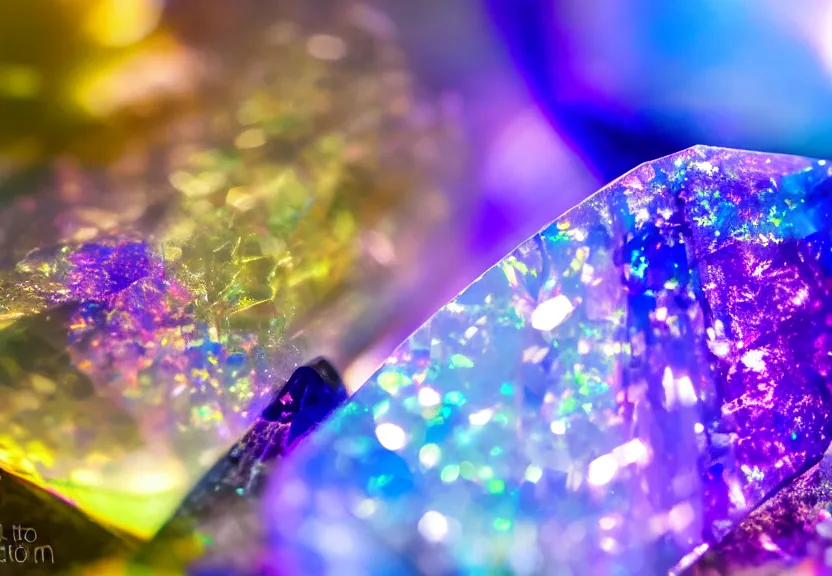 Prompt: iridescent gemstone, refraction, shining, opal, diamond, sapphire, topaz, nature, photo, blur, macro lens, lens flare