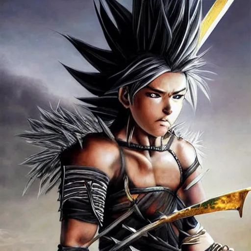 Prompt: realistic art style, warrior girl, wild spiky black saiyan hair, long spiky hair, electrified hair, holding scimitar made of bone, scimitar, sword, jagged sword, curved sword, orkish sword, colorized, gray skin, hyper - detailed, primeval fantasy, prehistoric fantasy, art by jacques - louis david