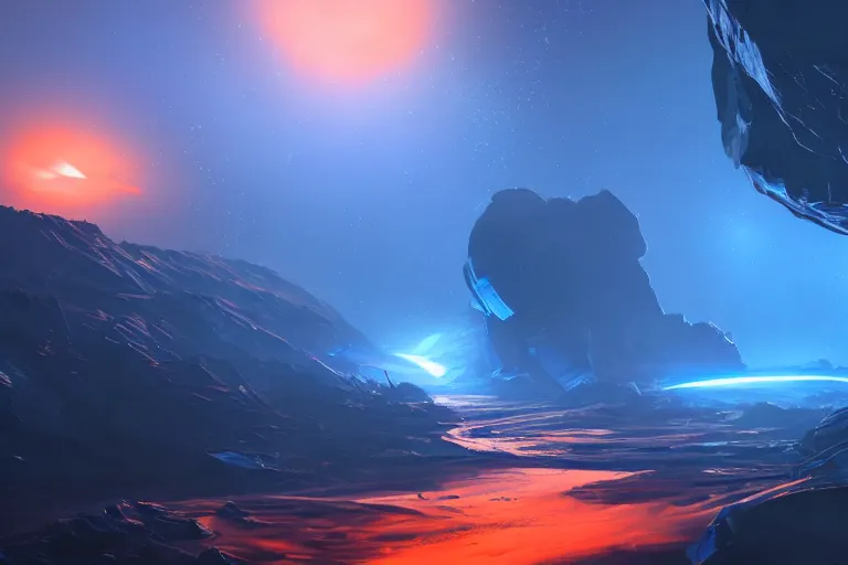 Image similar to beautiful sci fi space landscape, concept art trending on artstation, blue and orange, volumetric lighting, 8k