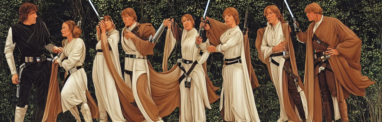 Image similar to luke skywalker, princess leia and han solo in return of the jedi, by sandro botticelli