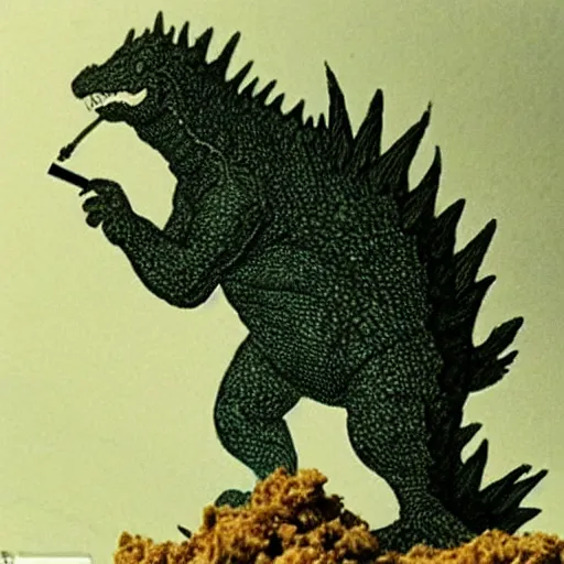 Image similar to godzilla smoking weed