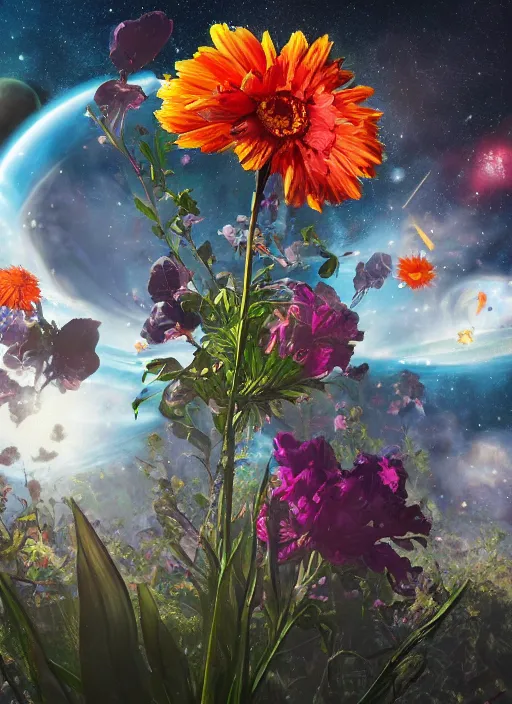 Image similar to An epic fantastic realism comic book style painting of the most beautiful flowers launched into space, nearby stars, dark cosmos, bouquets, fisheye lens, unreal 5, DAZ, hyperrealistic, octane render, dynamic lighting