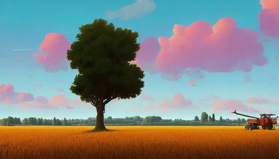 Image similar to colourful sky, wheat field, harvesters, big trees, matte painting, art station, digital art, simon stalenhag