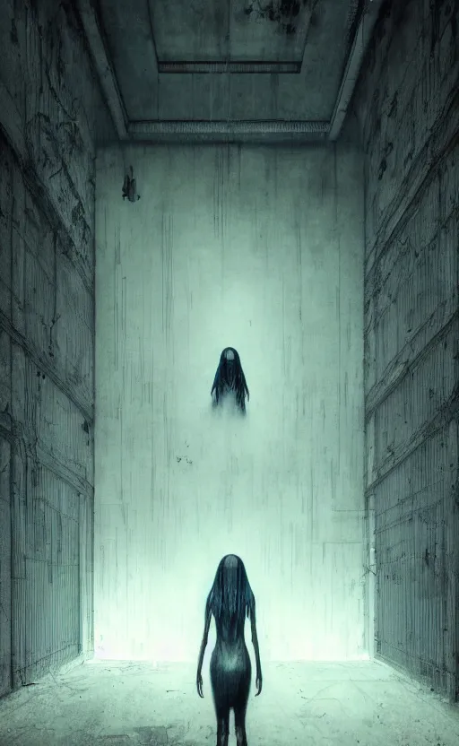 Image similar to vertical movie frame portrait of girl inside abandoned school, ominous backrooms at distance seen through big broken wall, giger interior design, architectural design, vintage, liminal aesthetic, dreamcore, weirdcore, clean lines, wide angle, by wayne barlowe, tsutomu nihei, zdzislaw beksinski,