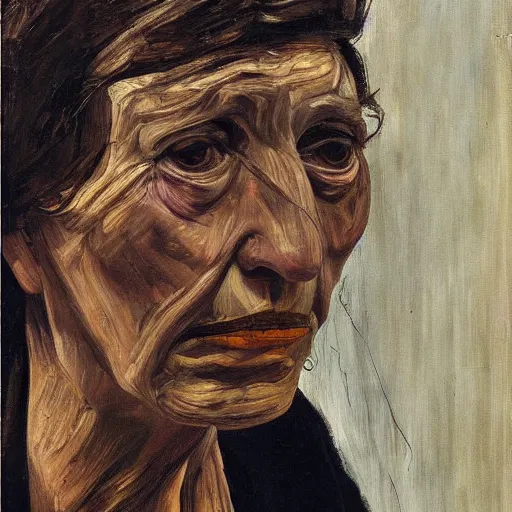 Image similar to Oil painting Portrait of a sad Woman, by Lucian Freud, Abstract brush strokes, Masterpiece