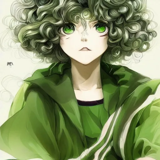 Image similar to beautiful portrait art of tatsumaki with green curly hair, trending on pixiv booru artstation, detailed anime illustration