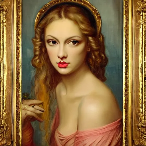 Image similar to baroque style painting of taylor swift, portrait, symmetrical features, perfect,