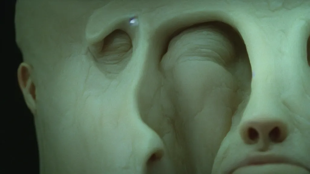 Prompt: the giant human head made of wax, film still from the movie directed by Denis Villeneuve with art direction by Zdzisław Beksiński, wide lens