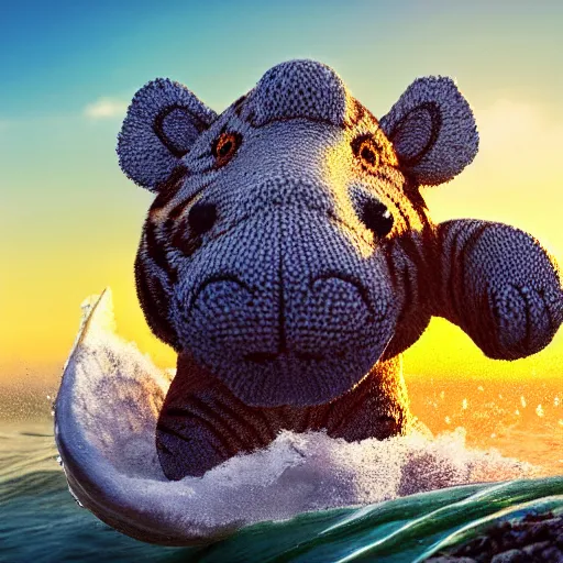 Image similar to a closeup photorealistic photograph of a cute smiling knitted tiger hippopotamus riding a wave at sunset. surf in background. professional capture. brightly lit scene. this 4 k hd image is trending on artstation, featured on behance, well - rendered, extra crisp, features intricate detail, epic composition and the style of unreal engine.