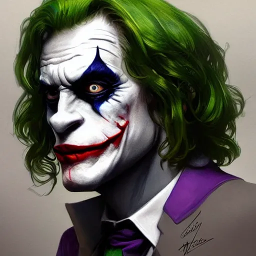 Image similar to [Rossi de Palma as the Joker, closeup, D&D, intricate, elegant, highly detailed, digital painting, artstation, concept art, matte, sharp focus, illustration, art by Artgerm and Greg Rutkowski and Alphonse Mucha]