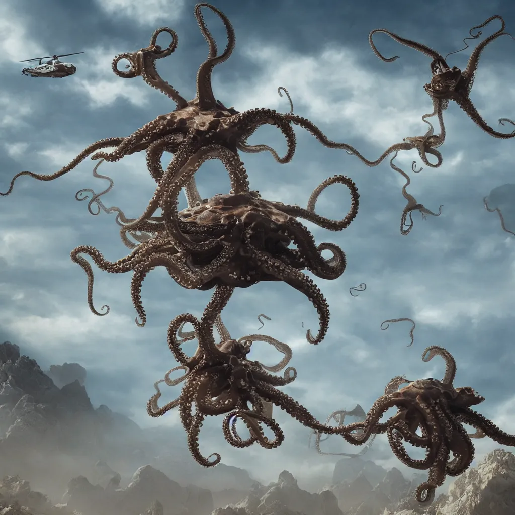 Image similar to organic octopus helicopter flying over a mountainous alien landscape, dramatic sci-fi movie still