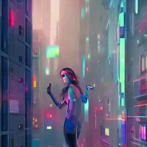 Prompt: cyberpunk girl hiding in gray alley surrounded by colorful glass buildings, flying cars, goldeneye ratio, volumetric lighting, artstation,