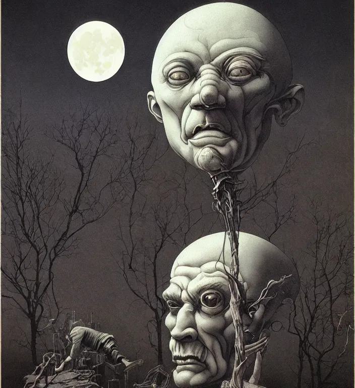 Prompt: old white - headed man under the huge moon on a street of ruined city by mark ryden and takato yamamoto and austin osman spare and edward hopper and beksinski and tsutomu nihei, very coherent, baroque elements, perfect anatomy, intricate design. surreal art. pop art.