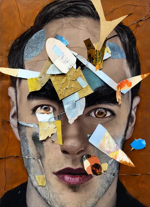 Image similar to a man with a moth mask, cardboard and scotch tape, chain, collage, acrylic on canvas, expressionism movement, breathtaking detailed, by blake neubert