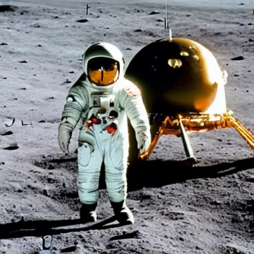 Image similar to penguin wearing spacesuit helmet, standing next to the Apollo lunar lander module, on the lunar surface. TV footage