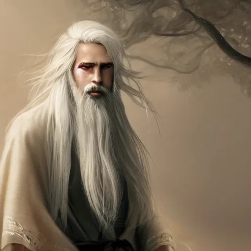 Prompt: white haired robe fu xi full male body portrait, sit upright on the ground, very long white beard and hair, long hair shawl, fine kindness delicate prefect face features gaze, piercing eye, elegant, style of tom bagshaw, cedric peyravernay, peter mohrbacher, victo nga, 4 k hd illustrative wallpaper, animation style, chinese style