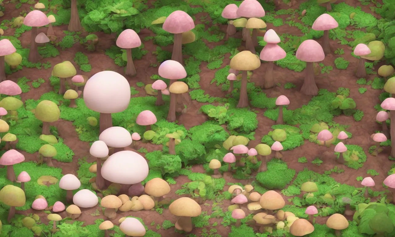 Prompt: a cartoon render of a cute little mochi ball exploring a mushroom forest, kawaii face