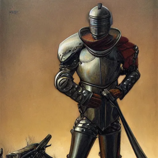 Prompt: Knight inspecting a modern weapon, by Gerald Brom