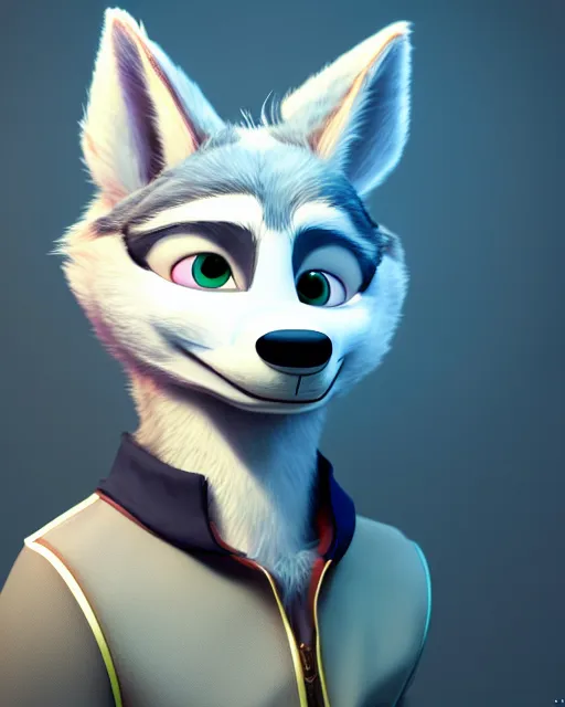 Image similar to portrait of cute male anthropomorphic white wolf in the style of zootopia in cyberpunk city, volumetric light, artstation, concept art, 8 k, high detail, perfect