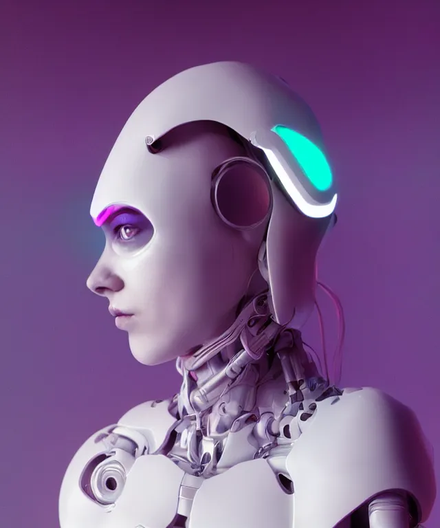 Image similar to white one cast futuristic biomechanics futuristic humanoid, beautiful face, female, futuristic, neon lights, cyberpunk, 8 k, digital painting, by beeple and makoto shinkai, trending on cg society, glamour pose, fashion photography, high fashion, canon r 3, photorealistic, hyper realistic, full body, wide angle shot