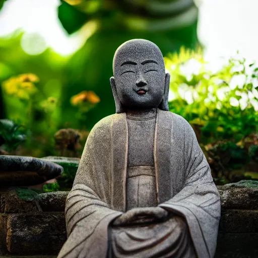 Image similar to photo of small jizo statue in a garden, high detail, cinematic, cute, beautiful lighting, 1 flower,