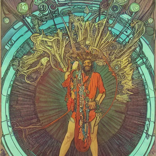 Image similar to polaroid of a vintage record cover by Franklin Booth showing a portrait of Lee Perry as a futuristic space shaman, Alphonse Mucha background, psychedelic art, star map, smoke, sciFi