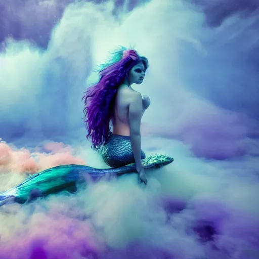 Image similar to film photography of a two tailed mermaid floating in front of colourful underwater clouds by Kim Keever, low shutter speed, 35mm, intricate, highly detailed