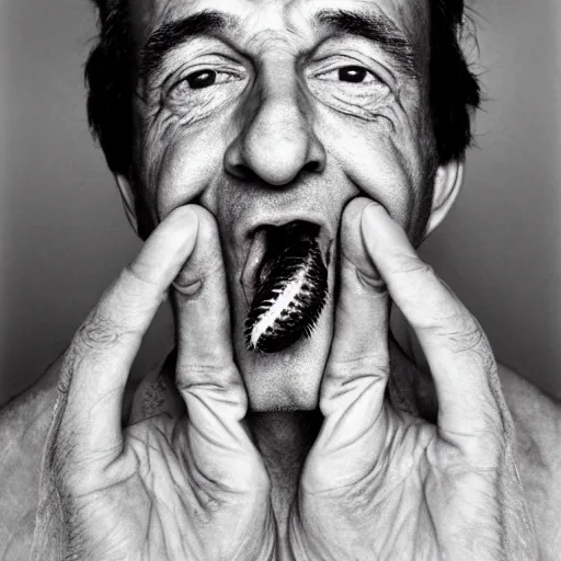 Image similar to realistic award winning photograph of middle aged man with worms coming out of his nose as shot by richard avedon