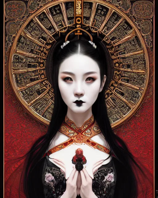 Image similar to portrait of a gothic girl, machine face, upper body, decorated with chinese opera motifs, traditional chinese art, intricate, elegant, highly detailed, digital painting, artstation, concept art, smooth, sharp focus, illustration, art by artgerm and greg rutkowski and alphonse mucha, 8 k