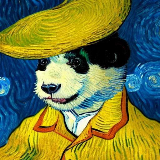 Image similar to a van gogh painting of a baby panda wearing a top hat, 4 k, hyper realistic, dslr, landscape, high resolution