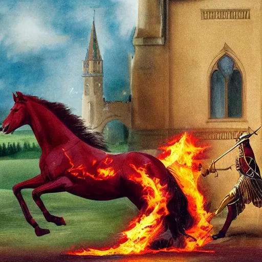 Prompt: the flaming horse overcomes the queen of the palace