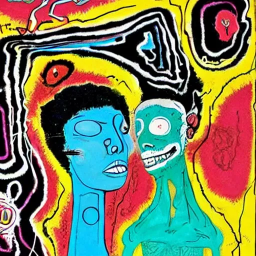 Image similar to beautiful painting of two bizarre psychedelic women kissing each other closeup on an alien planet, speculative evolution, mixed media collage by basquiat and junji ito, magazine collage art, psychedelic illustration, sapphic art, lesbian art