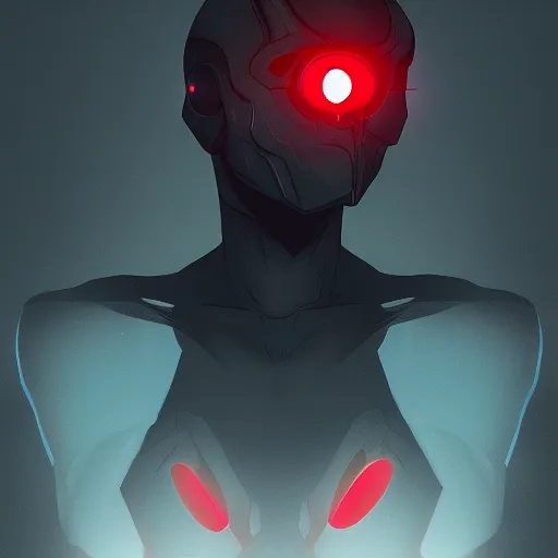 Image similar to a superhero standing in a dark room looking to the camera with glowing red eyes while everything as is dark and black, bold, sharp, artstation, digital art