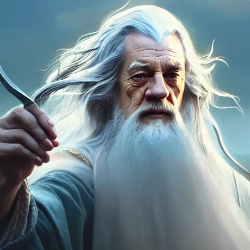 Image similar to selfie of gandalf, fine detailed face, long curly hair, stunning 3 d render inspired art by greg rutkowski and xiang duan and thomas eakes, realistic, highly detailed attributes and atmosphere, dim volumetric cinematic lighting, 8 k octane detailed render, post - processing, masterpiece, golden hour, soft focus