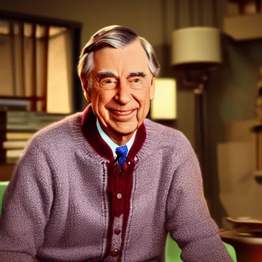 Image similar to mr rogers, wearing a sweater, sensual, romantic, dreamy, intricate, hyper detailed, accent lighting, dramatic light, 4 k octane render