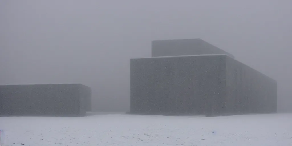 Image similar to snow falling on complex and beautiful brutalist buildings, depth of field, soft focus, clear focus, beautiful, award winning architecture, le corbusier, frank lloyd wright, snow, fog, mist, hopeful, quiet, calm, serene