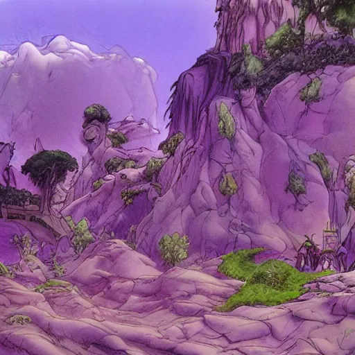 Prompt: The Purple People Eater :: extremely detailed landscape :: concept art by Don Bluth :: a masterpiece by Alan Davis ::