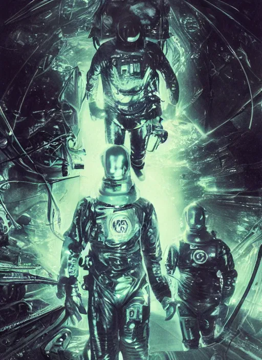 Image similar to astronauts in dark and empty void underwater - complex and hyperdetailed technical suit. reflection and dispersion materials. rays and dispersion of light. volumetric light. 5 0 mm, f / 3 2. noise film photo. flash photography. ultra realistic, wide angle. poster by wayne barlowe, hajime sorayama aaron horkey, craig mullins