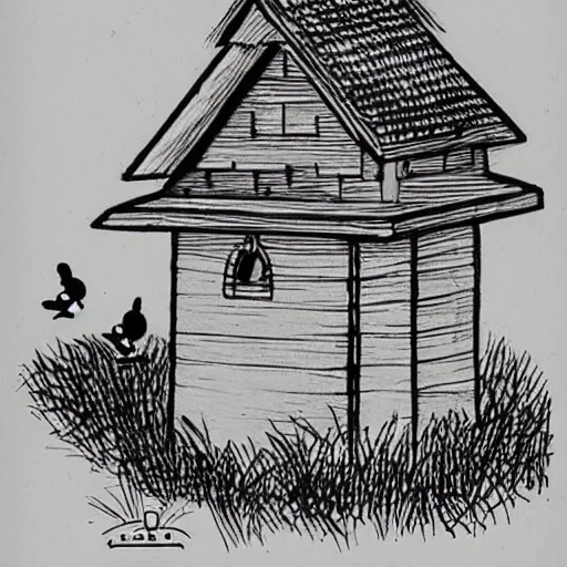 Prompt: line drawing of a victorian - style bird house haunted by the spirits of birds, old cartoon, in the style of early disney cartoons, in the style of original mickey mouse cartoon